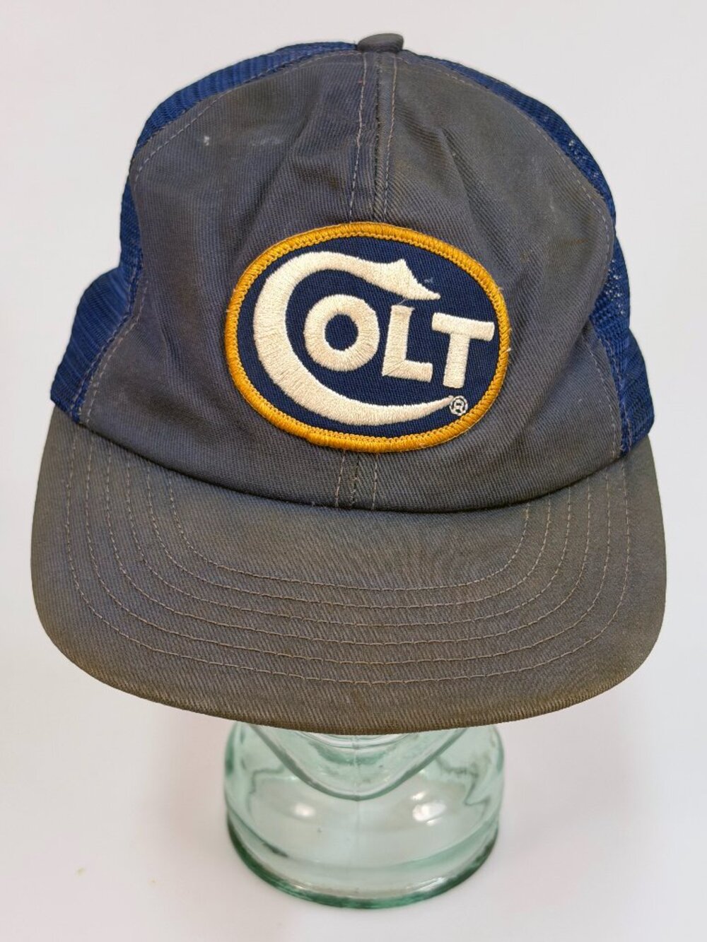 Vintage 80s Colt Firearms Trucker Hat Semco USA Made Blue Gray Mesh Snapback Cap